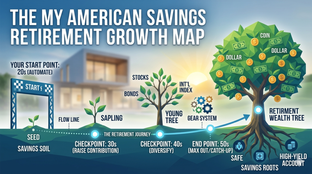 A professional horizontal flowchart visualizing 'The My American Savings Retirement Journey Map'. The 'Start Point: 20s (Automate)' plants a small 'SEED'. Checkpoints show progress: '30s (Raise contribution)' (a sapling); '40s (Diversify)' (a young tree with growth gears); 'End Point: 50s (Max out/Catch-up)' (a massive, lush 'RETIRMENT WEALTH TREE'). The aesthetic is clean, low-poly blue and green, suitable for a financial blog.