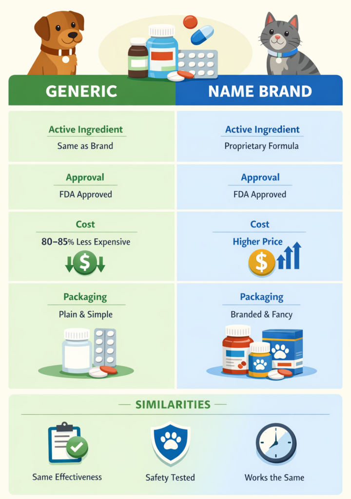 Comparison infographic showing generic vs. name brand pet medications, highlighting differences in cost, packaging, and ingredients, with both options equally effective and FDA approved.