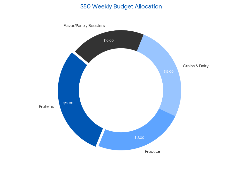 Donut chart showing the $50 grocery budget breakdown: $15.00 for Proteins, $12.00 for Produce, $13.00 for Grains & Dairy, and $10.00 for Flavor & Pantry Boosters.