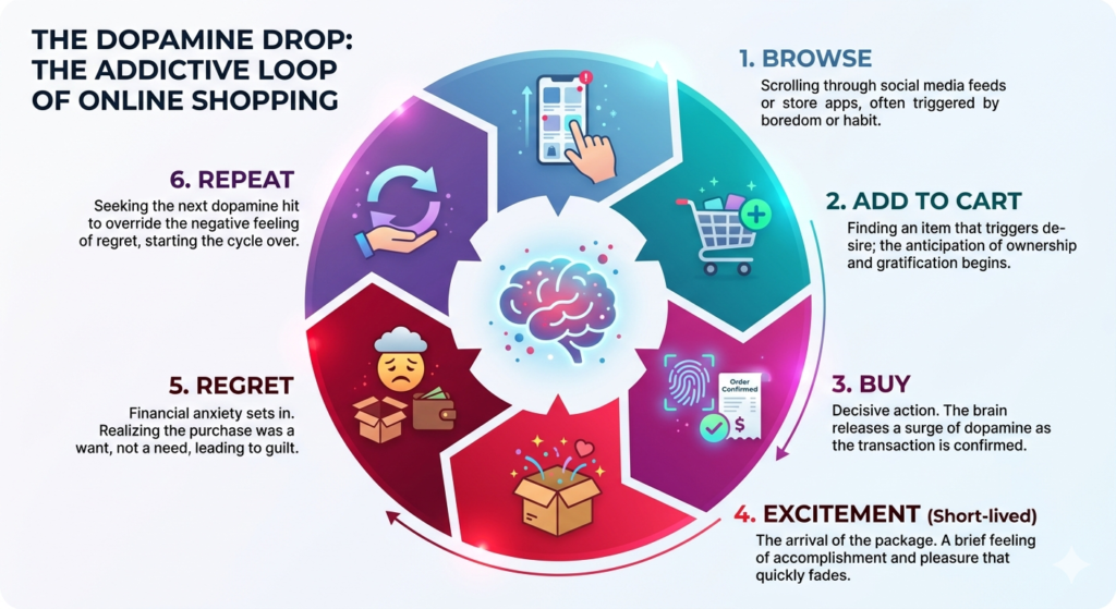 Behavioral finance diagram showing the neurological loop of impulsive spending, highlighting the dopamine surge during purchase and the emotional drop leading to financial regret.