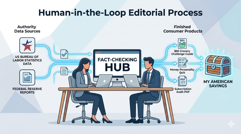 A simple infographic for 'My American Savings Writers’ Room' showing human editors fact-checking and verifying consumer savings advice using authority data sources like the US Federal Reserve and BLS.