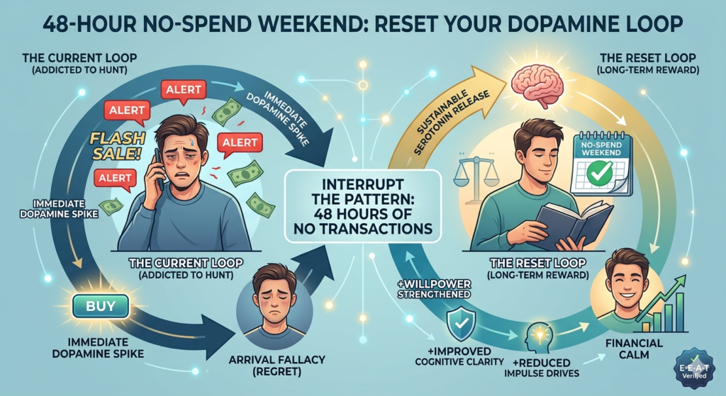 A modern infographic illustration explaining the '48-Hour No-Spend Weekend: Reset Your Dopamine Loop.' A clean flowchart contrasts 'The Current Loop (Addicted to Hunt)' with 'The Reset Loop (Long-Term Reward).' Arrows and text show how 48 hours of no transactions interrupts the loop, leading to '+Willpower Strengthened,' '+Improved Cognitive Clarity,' and 'Financial Calm.' The design uses a deep blue and gold palette with soft, warm lighting.