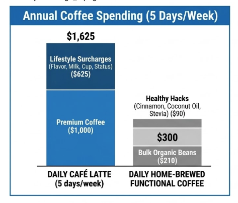 A two-bar comparison chart showing the annual cost of a daily coffee habit. One bar shows '$1,625' for a daily café latte, highlighting the high percentage of surcharges. The second bar shows a low total of '$300' for home-brewed functional coffee, showing the significant potential for savings.