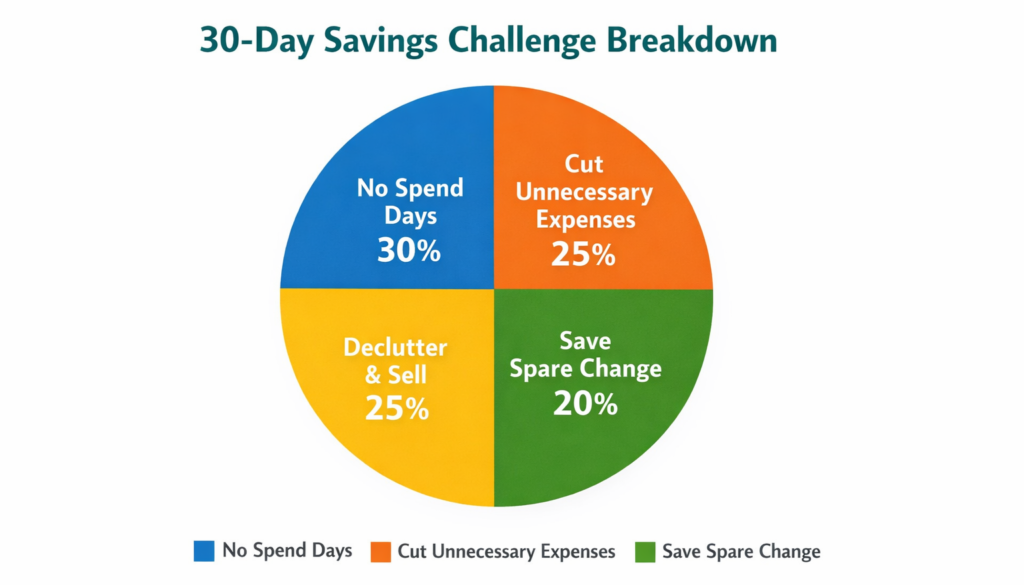 "Pie chart illustrating the 30-Day Savings Challenge breakdown: 30% No Spend Days, 25% Cut Unnecessary Expenses, 25% Declutter & Sell, and 20% Save Spare Change, with each section in different pastel colors."