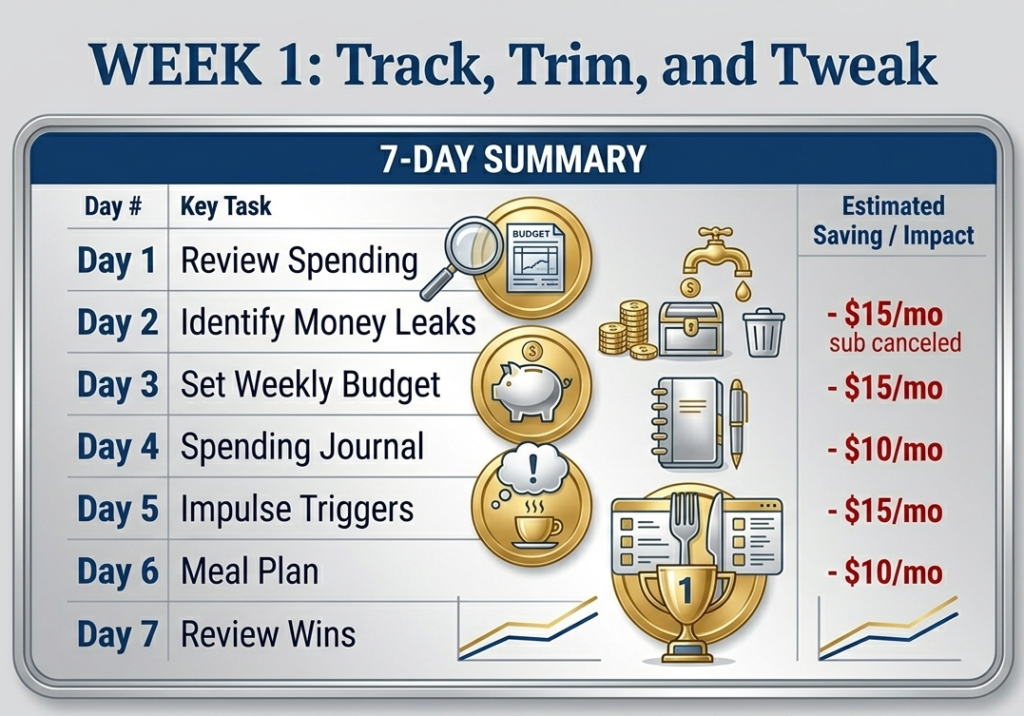 A professional 7-day summary table for "Week 1: Track, Trim, and Tweak" of a savings challenge. The graphic features a clean navy blue and gold color palette on a solid light gray background. It lists daily tasks from "Review Spending" to "Review Wins," alongside gold-coin style icons for budgeting and meal planning. An "Estimated Saving / Impact" column on the right highlights potential monthly savings in red text.