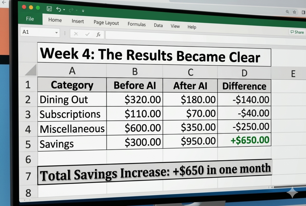 A clean spreadsheet comparison titled "Week 4: The Results Became Clear." The table shows a financial breakdown across four categories: Dining Out, Subscriptions, Miscellaneous, and Savings. It compares costs "Before AI" and "After AI," highlighting a total savings increase of $650.00 in one month.